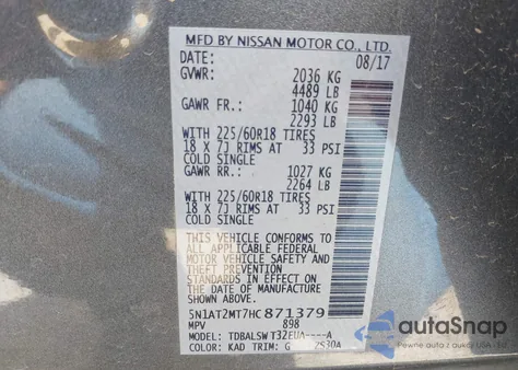 2017 Nissan Rogue Sl z USA, uszkodzony, nr VIN 5N1AT2MT7HC871379